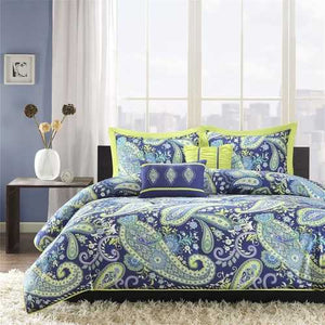 Full / Queen size 5-Piece Paisley Comforter Set in Blue and Yellow Colors