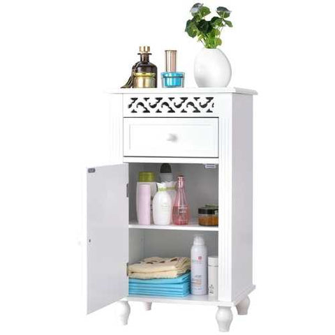 Image of White Floor Linen Cabinet Bathroom Storage Organizer