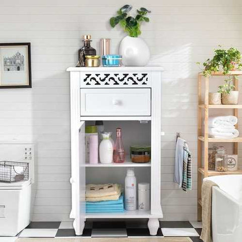 Image of White Floor Linen Cabinet Bathroom Storage Organizer