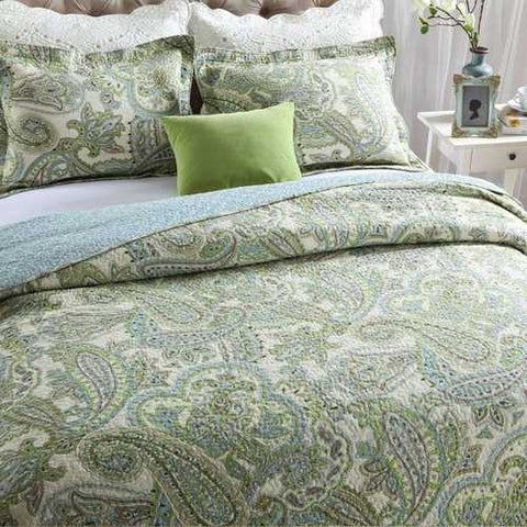 Image of Queen size 3-Piece 100-Percent Cotton Bedspread Quilt Set with Green Paisley Pattern