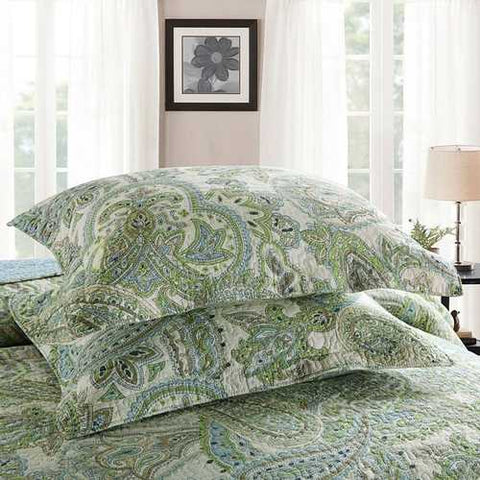 Image of Queen size 3-Piece 100-Percent Cotton Bedspread Quilt Set with Green Paisley Pattern