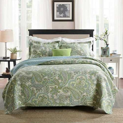 Image of Queen size 3-Piece 100-Percent Cotton Bedspread Quilt Set with Green Paisley Pattern