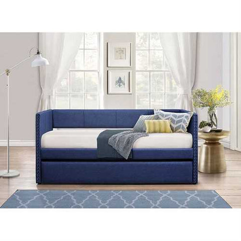 Image of Twin size Blue Fabric Upholstered Daybed with Pull out Trundle