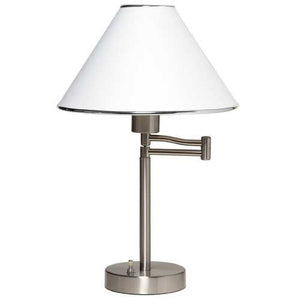 Sing Arm Table Lamp in Brushed Nickel and White Fabric Shade