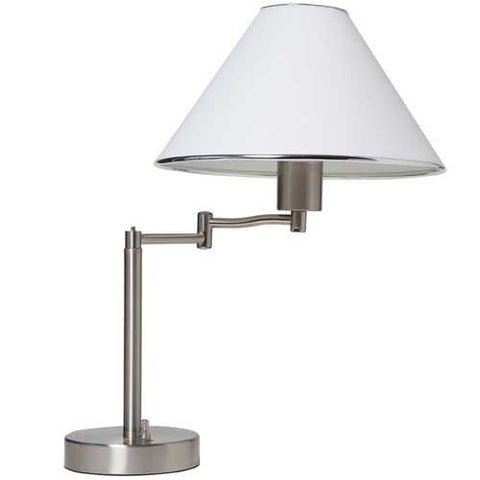 Image of Sing Arm Table Lamp in Brushed Nickel and White Fabric Shade