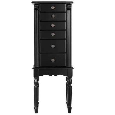 Image of Black Wood Jewelry Armoire 6-Drawer Storage Chest with Mirror