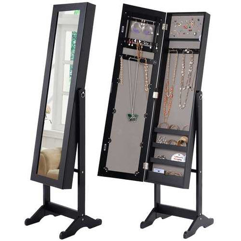 Image of Black Wood Jewelry Storage Cabinet Freestanding Floor Mirror