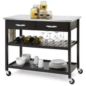 Stainless Steel Top Black Wood Frame Kitchen Island Cart on Casters