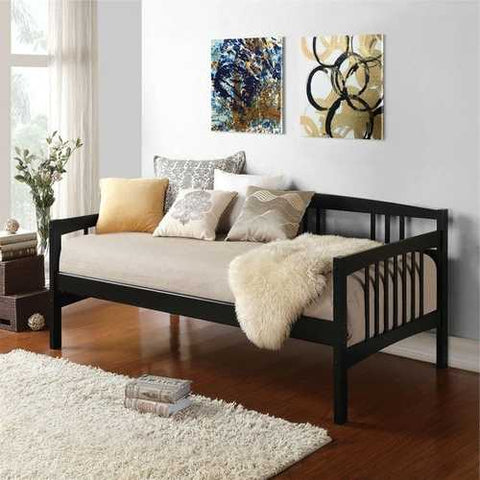 Image of Twin size Black Solid Wood Day Bed Frame with Wooden Slats