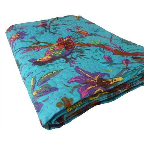 Image of King size Blue Floral Birds Cotton Quilt Blanket Bedspread