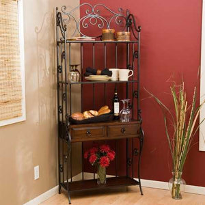 Black Wrought Iron and Walnut Wood Finish Bakers Rack