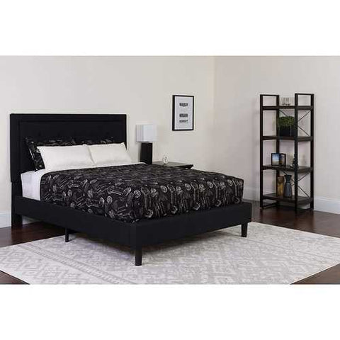 Image of Full size Black Fabric Upholstered Platform Bed Frame with Headboard