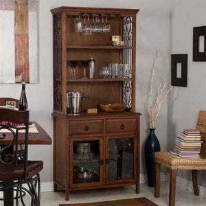 Dark Oak Wood Finish Bakers Rack Server with Wine Storage Hutch