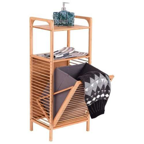 Image of Bamboo 2-in-1 Laundry Hamper Side Table with 2 Shelves and Clothes Basket