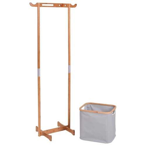 Image of Bamboo Frame Laundry Hamper Basket with Garment Rack Clothes Hanger