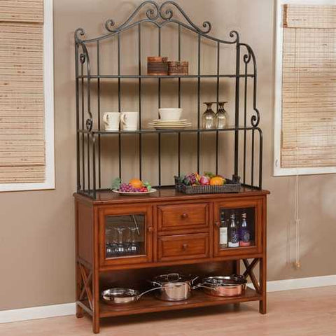 Image of Wrought Iron Top 47-inch Bakers Rack in Heritage Oak Wood Finish