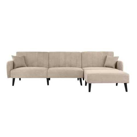 Image of Modern Mid-Century Beige Linen Upholstered Sleeper Sectional Sofa