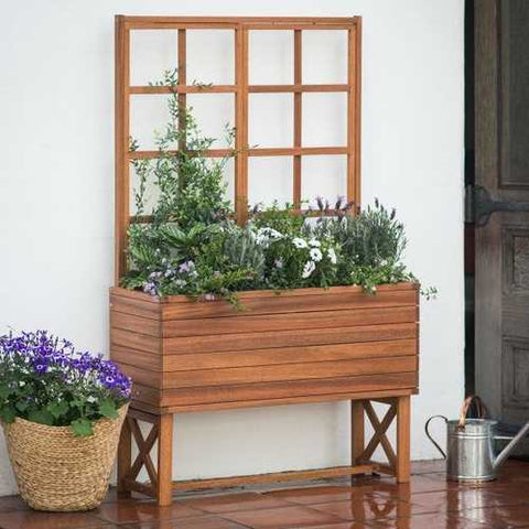 Image of Modern Solid Wood Elevated Planter Box with Trellis