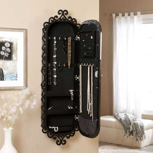 Wall-Mounted Jewelry Armoire Mirror with Gloss Black Scrollwork Border