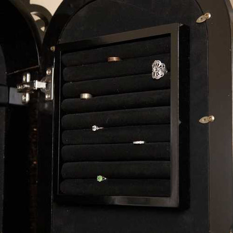 Image of Wall-Mounted Jewelry Armoire Mirror with Gloss Black Scrollwork Border