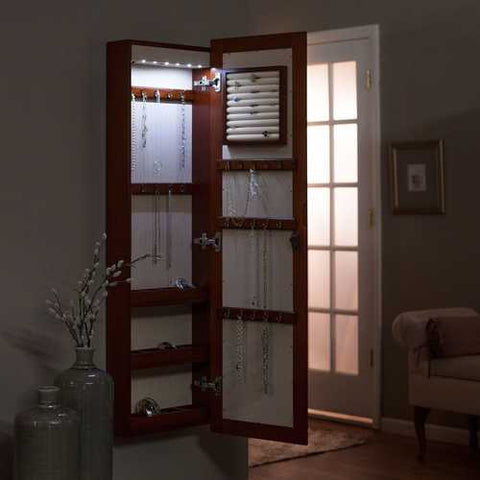 Image of Wall Mounted Locking Jewelry Armore with Mirror in Cherry Wood Finish