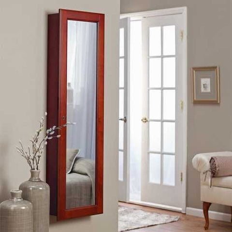 Image of Wall Mounted Locking Jewelry Armore with Mirror in Cherry Wood Finish