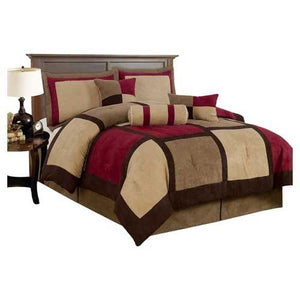 King size 7-Piece Bed Bag Patchwork Comforter Set in Brown Burgundy Red