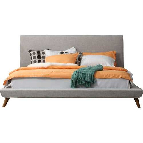 Image of King size Beige Upholstered Platform Bed with Mid-Century Style Legs