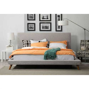 King size Beige Upholstered Platform Bed with Mid-Century Style Legs