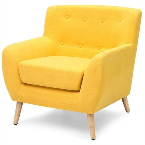 Image of Modern Yellow Linen Upholstered Armchair with Mid-Century Style Wooden Legs