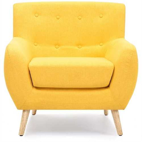 Image of Modern Yellow Linen Upholstered Armchair with Mid-Century Style Wooden Legs