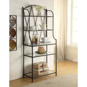 Elegant Black Metal Bakers Rack Kitchen Storage Unit with Glass Shelves