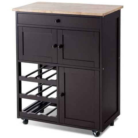 Image of Brown Wood Mobile Kitchen Island Cart Cabinet with Wine Rack and Drawer