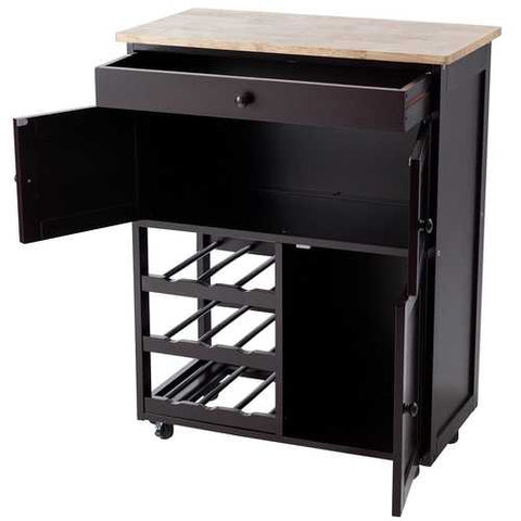 Image of Brown Wood Mobile Kitchen Island Cart Cabinet with Wine Rack and Drawer