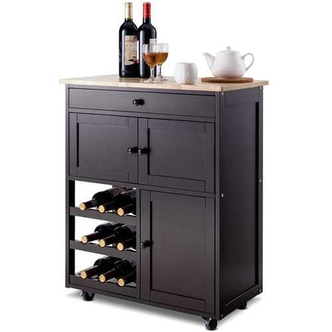 Image of Brown Wood Mobile Kitchen Island Cart Cabinet with Wine Rack and Drawer