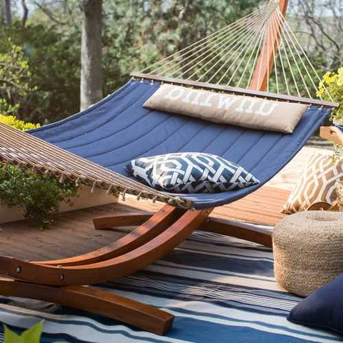 Image of Blue 2-Person Quilted Hammock with Durable Wood Frame Stand