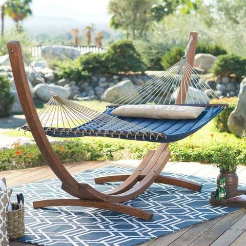 Image of Blue 2-Person Quilted Hammock with Durable Wood Frame Stand