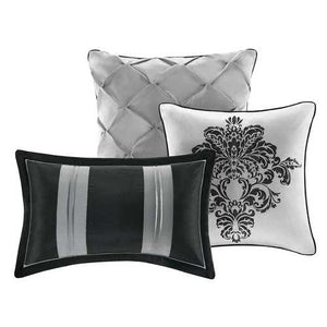 Queen size 7-Piece Damask Comforter Set in Black White Grey