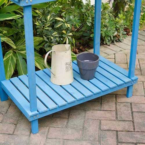 Image of Blue Wood Potting Bench with Garden Tool Hanging Trellis and Slatted Shelf