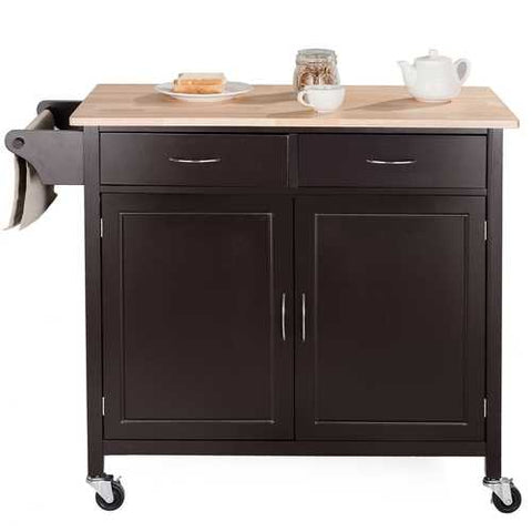 Image of Brown Kitchen Island Storage Cart with Wood Top and Casters