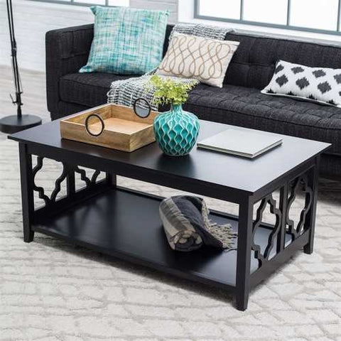 Image of Black Quatrefoil Coffee Table with Solid Birch Wood Frame