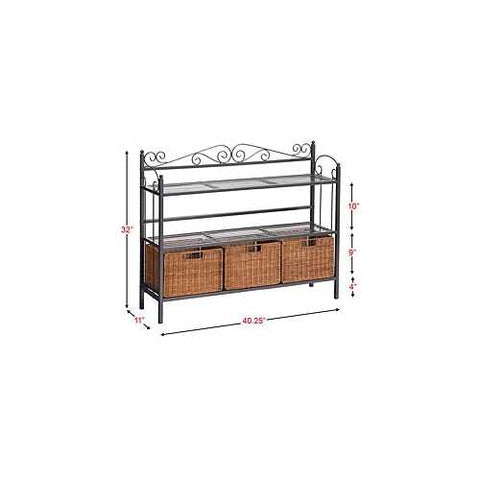 Image of Metal Kitchen Baker's Rack with Three Rattan Drawers