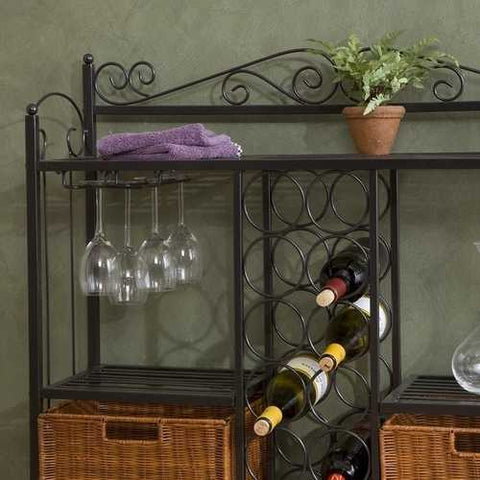 Image of Kitchen Dining Baker's Rack with Wine Storage and Rattan Baskets