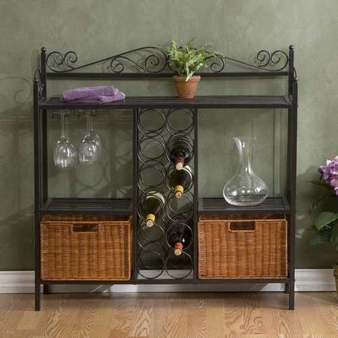 Image of Kitchen Dining Baker's Rack with Wine Storage and Rattan Baskets