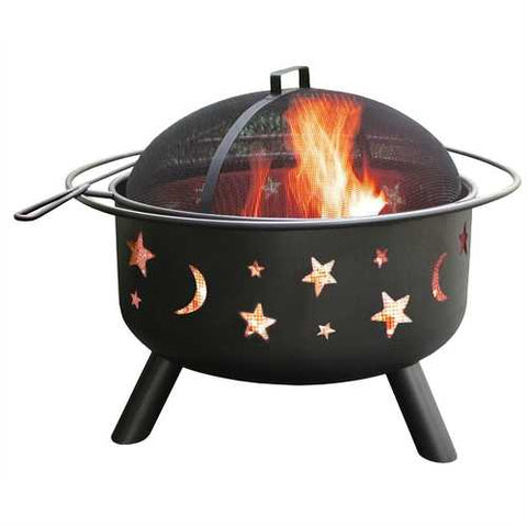 Image of Stars Moon Sky Black Steel Fire Pit Bowl with Screen Cooking Grate and Poker