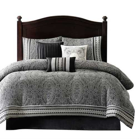 Image of Queen size 7-Piece Comforter Set in Black White Grey Damask Pattern