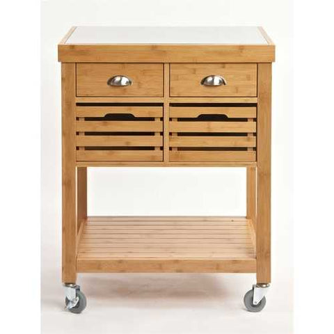 Image of Stainless Steel Top Bamboo Wood Kitchen Cart with Casters