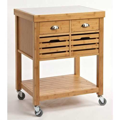 Image of Stainless Steel Top Bamboo Wood Kitchen Cart with Casters