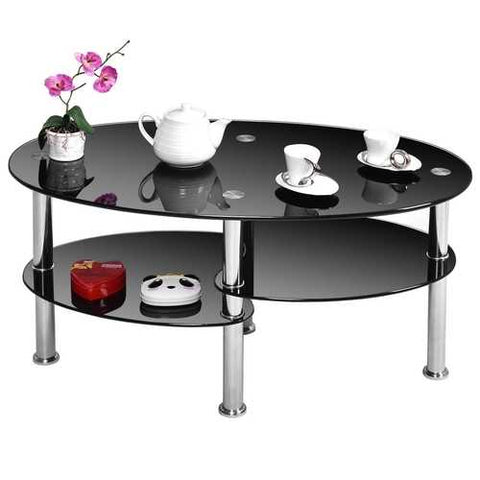 Image of Modern Black Tempered Glass Coffee Table with Bottom Shelf