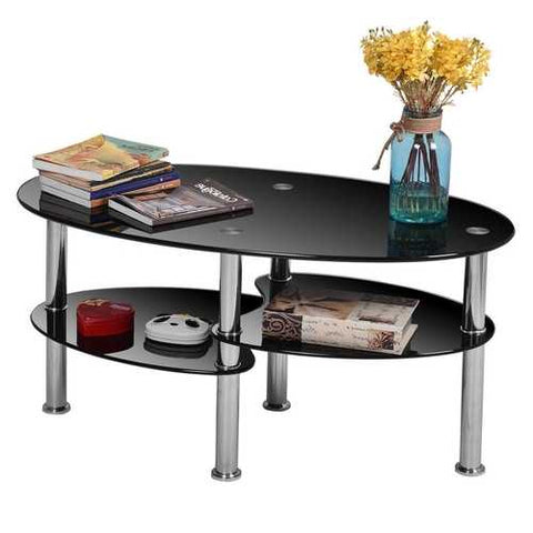 Image of Modern Black Tempered Glass Coffee Table with Bottom Shelf